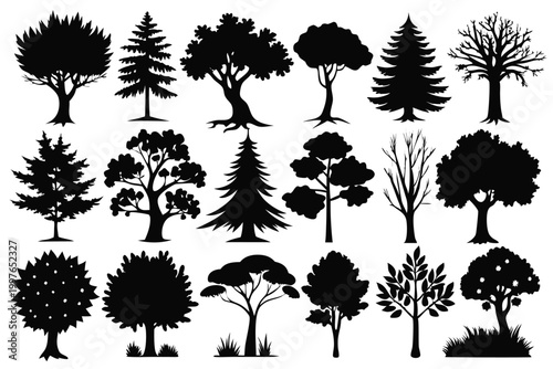 different types of trees silhouette line art vector illustration with a white background