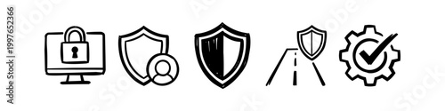 Set of hand-drawn cybersecurity and protection icons featuring a locked computer, shield, user privacy, road safety, and a verified settings gear. Minimalist black sketch doodles on white.