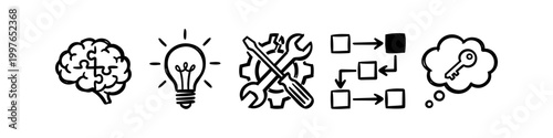 Hand-drawn icons depicting the problem-solving workflow: a puzzle brain, lightbulb idea, maintenance tools, process flowchart, and a key solution in a thought bubble. Creative business concept.