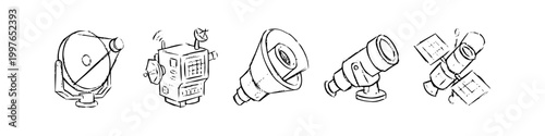 A hand-drawn collection of astronomical and space exploration icons including a satellite dish, space probe, optical telescope, and orbital satellite. Black and white line art on a white background.