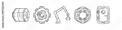 Set of hand-drawn industrial icons featuring a robotic arm, gear, hatch, vault door, and power cell. Black and white sketch style for sci-fi, engineering, and manufacturing design concepts.