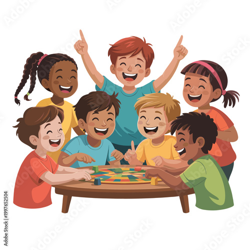 Children playing a board game, full of excitement and laughter.