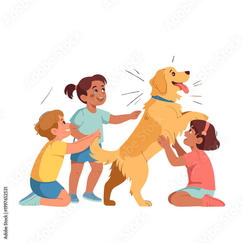 Children interacting happily with a golden retriever dog.