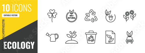 ecology outline icon set. 10 linear vector for ui, web and mobile. thin line shamrock, 100 % natural badge, recycling icons.