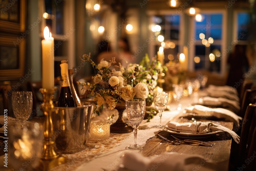 Obraz premium Elegant dining table set for an evening dinner party with candlelight, flowers, and fine china