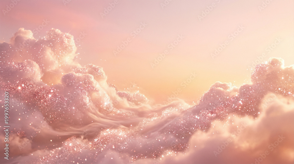 Fototapeta premium Rose gold magical clouds background with pink glitter and ethereal shimmering light in sky