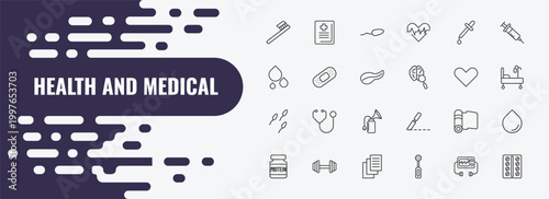 health and medical outline icon set. linear vector for ui, web and mobile. thin line medical book, spermatozoon, pipette icons.