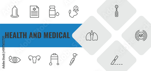 health and medical outline icon set. linear vector for ui, web and mobile. thin line condom, medical file, syrup icons.