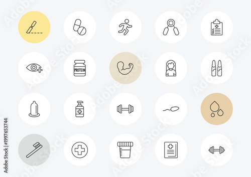 health and medical outline icon set. linear vector for ui, web and mobile. thin line surgery, ophthalmology, condom icons.