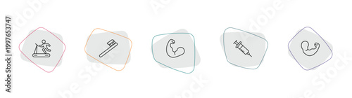 medical outline icon set. linear vector for ui, web and mobile. thin line treadmill, tooth brush, biceps icons.