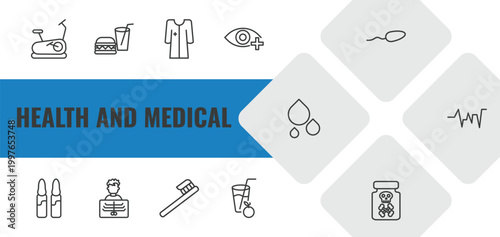 health and medical outline icon set. linear vector for ui, web and mobile. thin line stationary bike, fast food, patient robe icons.
