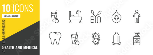 health and medical outline icon set. 10 linear vector for ui, web and mobile. thin line orange juice, hospital bed, bio icons.