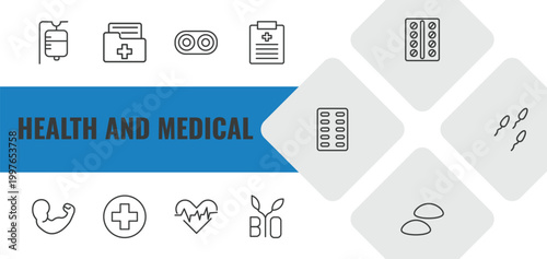 health and medical outline icon set. linear vector for ui, web and mobile. thin line saline, medical result, optometrist icons.