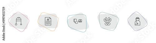 health and medical outline icon set. linear vector for ui, web and mobile. thin line medical walker, medical file, blood pressure gauge icons.