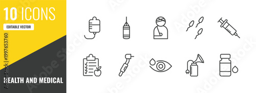 health and medical outline icon set. 10 linear vector for ui, web and mobile. thin line medical drip, punching bag, injury icons.