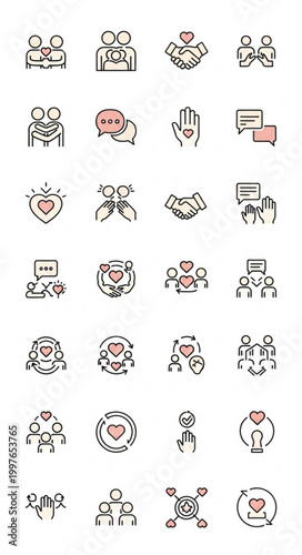 Relationship and social interaction line icons set with editable stroke pixel perfect 48x48 for UI design