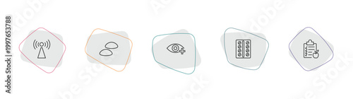 health and medical outline icon set. linear vector for ui, web and mobile. thin line non ionizing radiation, breast implant, ophthalmology icons.