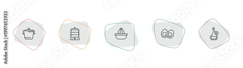 kitchen outline icon set. linear vector for ui, web and mobile. thin line pot, steamer, squeezer icons.