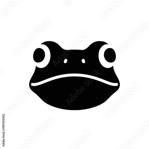 Simple black and white frog face illustration with big eyes and a smile.