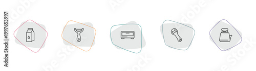 kitchen outline icon set. linear vector for ui, web and mobile. thin line milk, peeler, bun warmer icons.