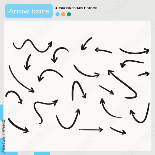 Konstfotografi Set of handwritten wavy and curved arrows with organic shapes, brush stroke