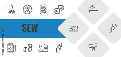 sew outline icon set. linear vector for ui, web and mobile. thin line sewing scissors, spokes, thread icons.