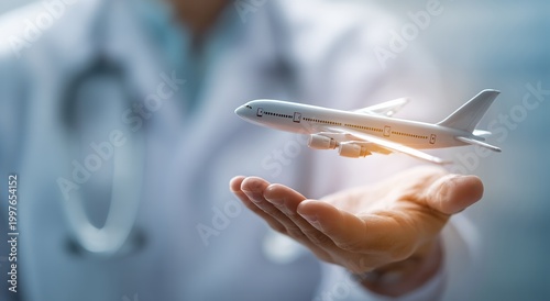 A doctor in a white lab coat holds a miniature white commercial airplane in their open palm against a blurred clinical background