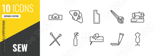 sew outline icon set. 10 linear vector for ui, web and mobile. thin line buttonhole, chalk, material icons.
