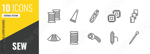 sew outline icon set. 10 linear vector for ui, web and mobile. thin line coil, glue stick, thread nippers icons.