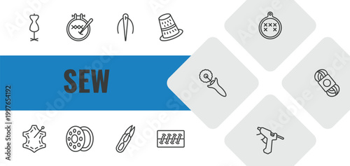 sew outline icon set. linear vector for ui, web and mobile. thin line mannequin, embroidery hoop, needles icons.