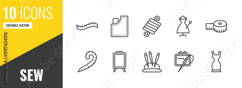 sew outline icon set. 10 linear vector for ui, web and mobile. thin line measuring tape, jeans pocket, wire coil icons.