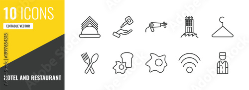 hotel and restaurant outline icon set. 10 linear vector for ui, web and mobile. thin line napkins, valet, hairdryer icons.