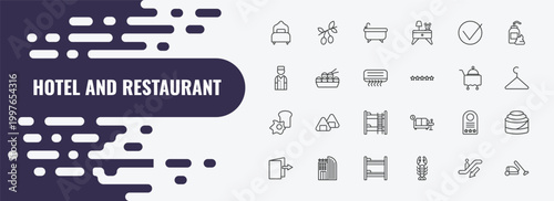 hotel and restaurant outline icon set. linear vector for ui, web and mobile. thin line olives, bathtub, check in icons.