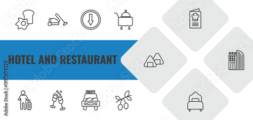 hotel and restaurant outline icon set. linear vector for ui, web and mobile. thin line breakfast, vacuum cleaner, go down icons.