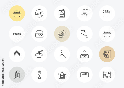 hotel and restaurant outline icon set. linear vector for ui, web and mobile. thin line beds, five stars, napkins icons.