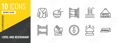 hotel and restaurant outline icon set. 10 linear vector for ui, web and mobile. thin line suits, rice, bunk icons.