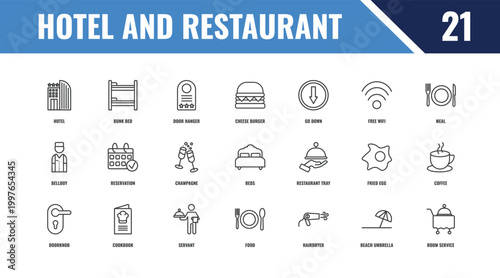 hotel and restaurant outline icon set. linear vector for ui, web and mobile. thin line bunk bed, meal, restaurant tray icons.