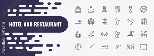 hotel and restaurant outline icon set. linear vector for ui, web and mobile. thin line reception bell, beach hotel, wine glass icons.