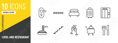 hotel and restaurant outline icon set. 10 linear vector for ui, web and mobile. thin line doorknob, five stars, double bed icons.