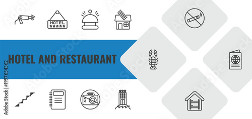 hotel and restaurant outline icon set. linear vector for ui, web and mobile. thin line hairdryer, hotel, reception bell icons.