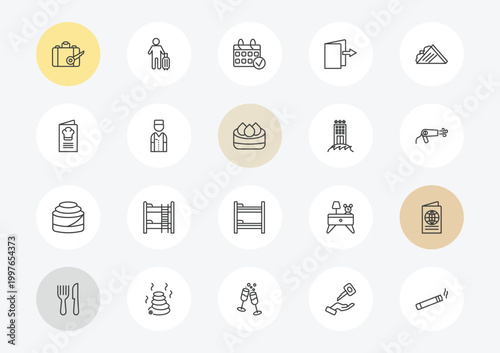 hotel and restaurant outline icon set. linear vector for ui, web and mobile. thin line left-luggage, cookbook, cinnamon roll icons.