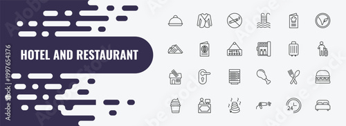 hotel and restaurant outline icon set. linear vector for ui, web and mobile. thin line suits, no smoking, cookbook icons.