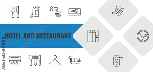 hotel and restaurant outline icon set. linear vector for ui, web and mobile. thin line cutlery, fire extinguisher, receptionist icons.