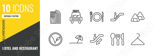 hotel and restaurant outline icon set. 10 linear vector for ui, web and mobile. thin line hotel, rent a car, meal icons.