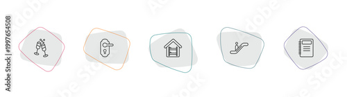 hotel and restaurant outline icon set. linear vector for ui, web and mobile. thin line champagne, doorknob, hostel icons.