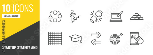 startup stategy and outline icon set. 10 linear vector for ui, web and mobile. thin line adaptation, career ladder, rivalry icons.