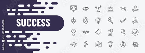 success outline icon set. linear vector for ui, web and mobile. thin line strategic vision, comparison, mortarboard icons.
