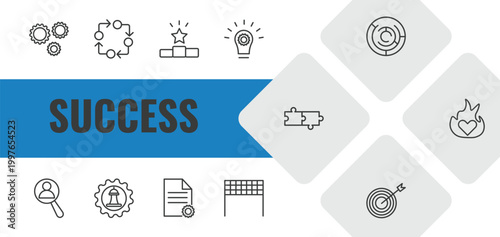 success outline icon set. linear vector for ui, web and mobile. thin line gears, procedure, pedestal icons.