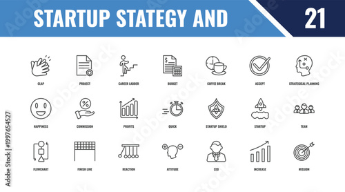 startup stategy and outline icon set. linear vector for ui, web and mobile. thin line project, strategical planning, startup shield icons.