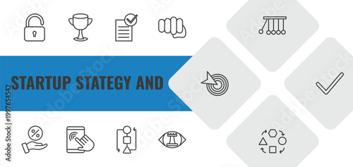startup stategy and outline icon set. linear vector for ui, web and mobile. thin line open padlock, cup, approval icons.